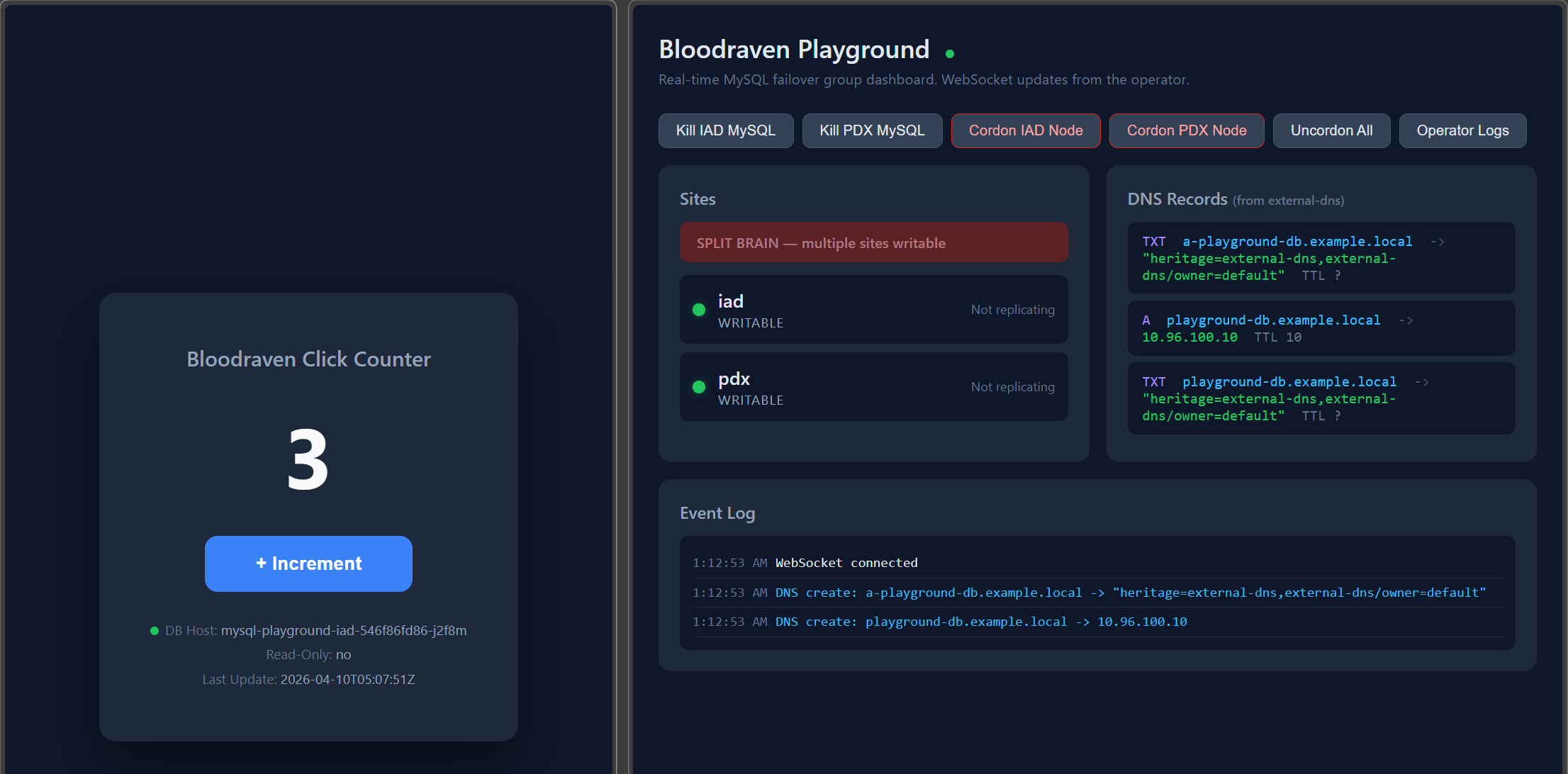 Bloodraven Playground showing the dashboard and counter app