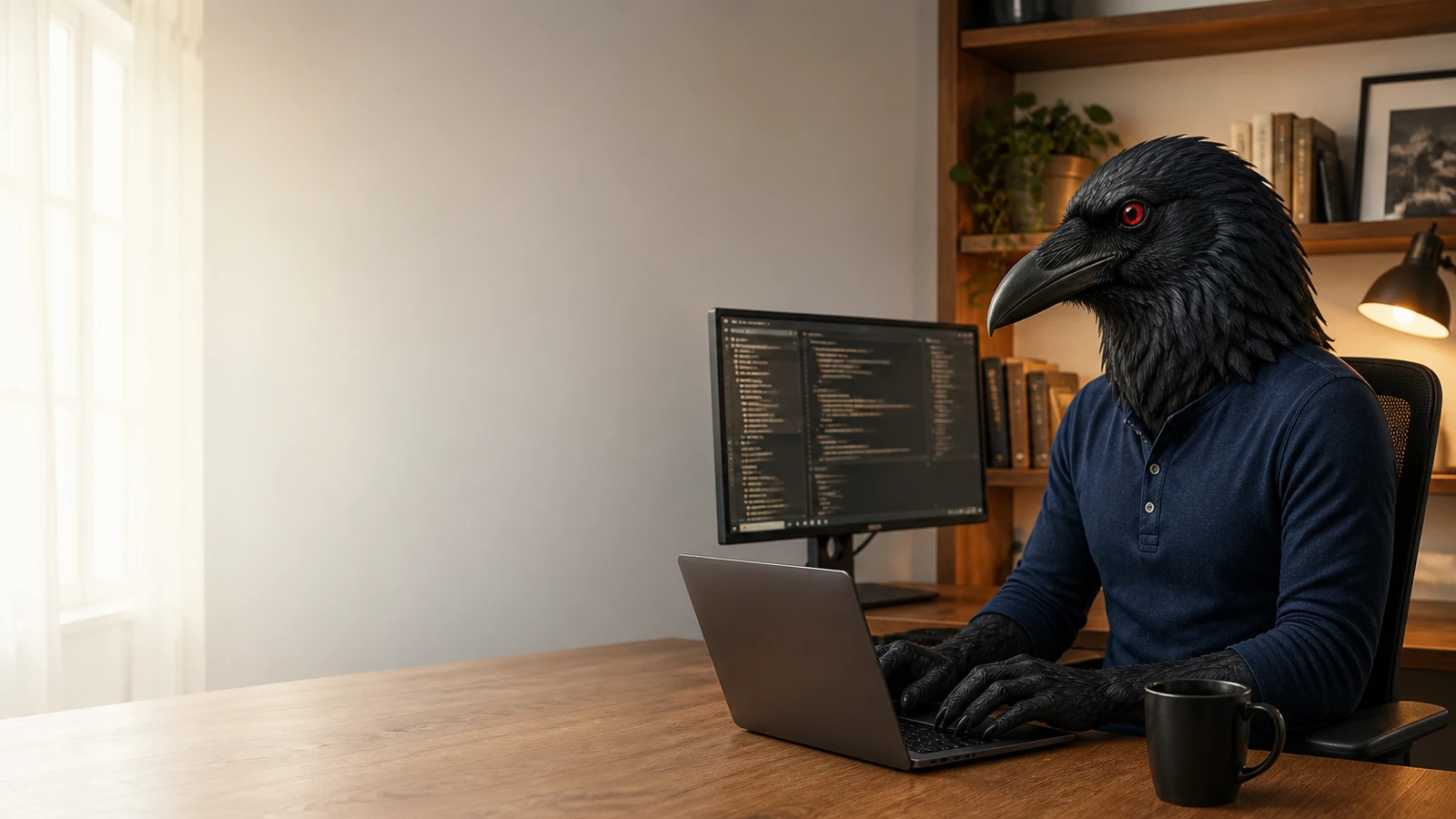 A raven-headed operator in a navy henley sits at a sunlit wooden desk typing on a laptop, with an empty pale wall on the left and a code editor on the monitor behind.